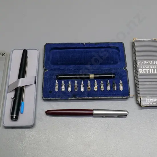 vintage cased Pelikan Graphos technical pen set, Parker fountain pen and Parker ballpoint pen, rollerball refills