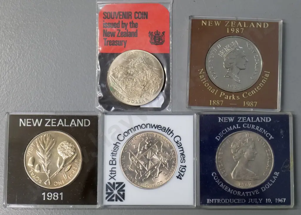 5 New Zealand collector's dollar coins - 1967 Decimal, 1970 Mt Cook, 1974 Games, 1981 Royal, 1987 National Parks Image 1++
