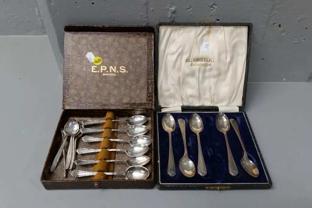 cased set of sterling silver teaspoons (one missing) cased set of 6 plated and one set plated coffee spoons Image 1++