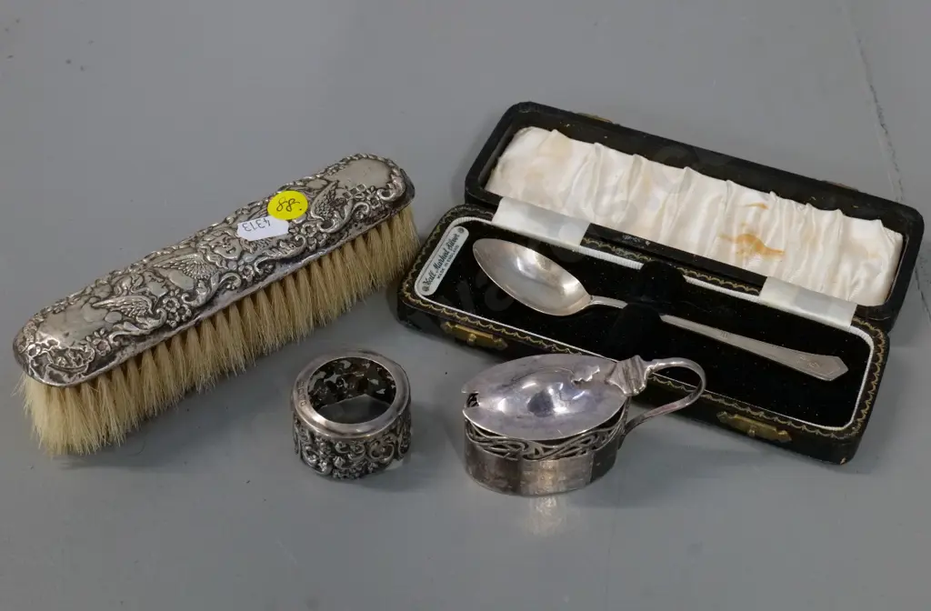 Sterling silver items - silver backed brush, boxed teaspoon, mustard pot holder (no liner) jar or vase collar Image 1++