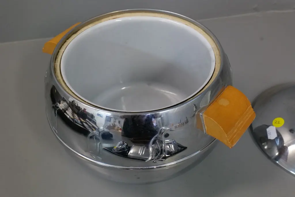 West Bend deco chrome on copper ice bucket with marching penguins motif, wooden handles, with liner - H-200 W-270 Image 1++