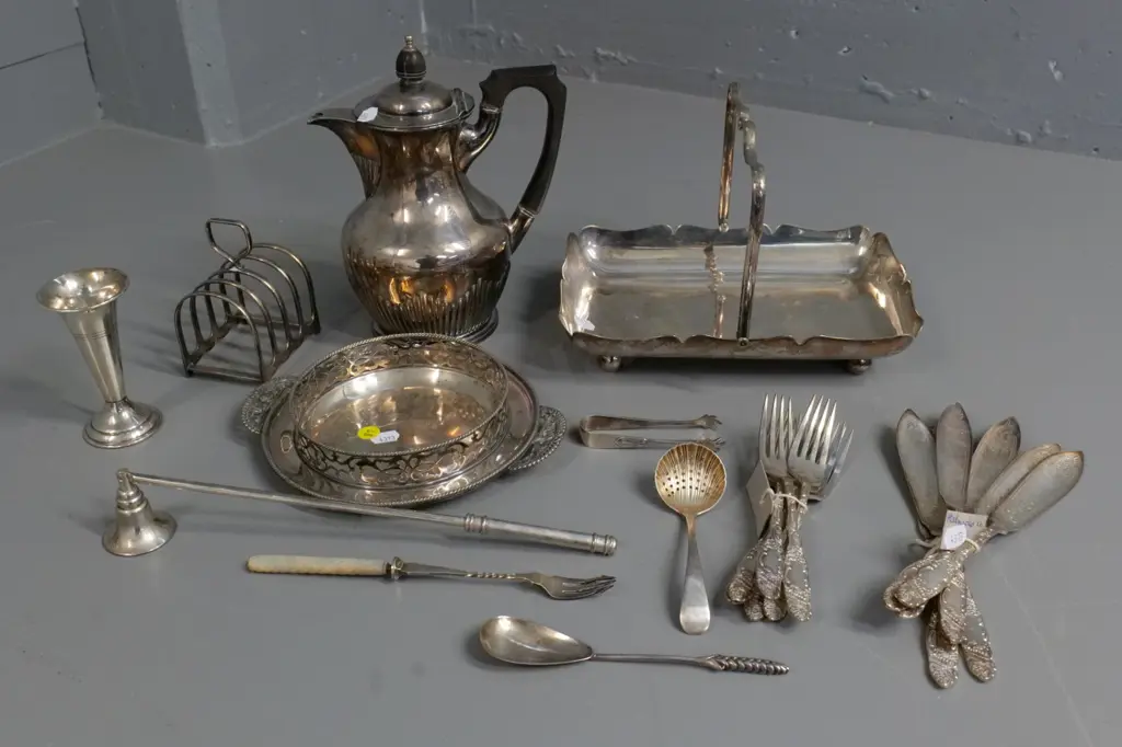 assorted hallmarked plated items including candle snuffer, wine coaster, coffee pot w/bakelite handle, etc. Image 1++