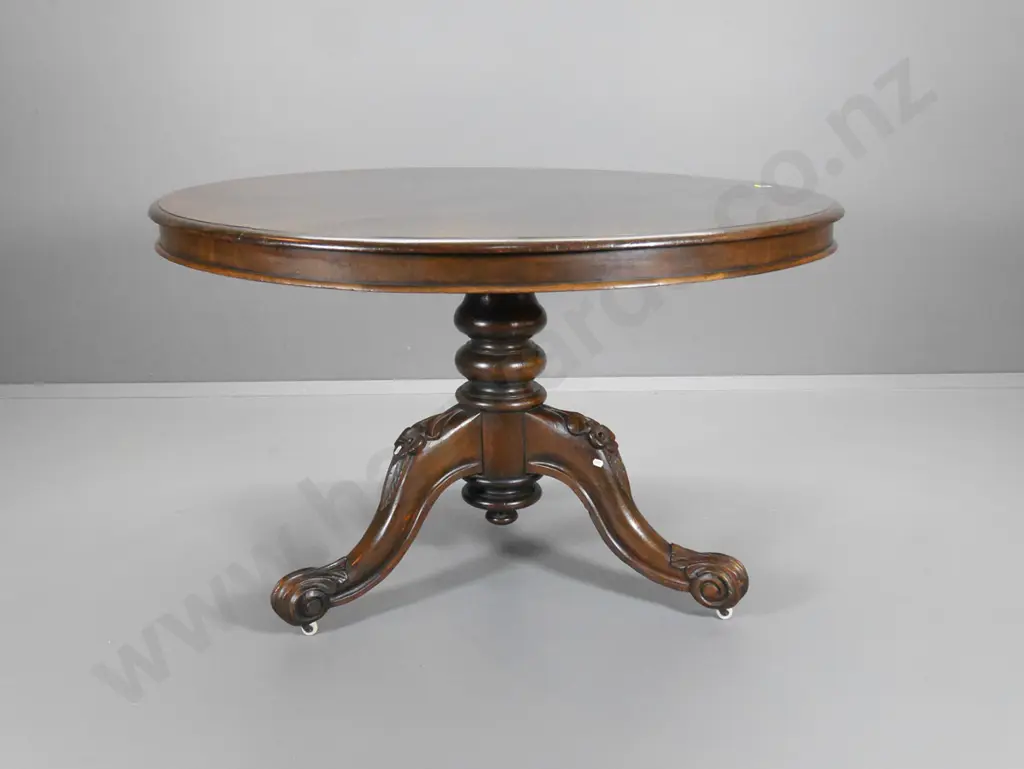 Victorian mahogany round dining table on carved column base, w/porcelain casters H-760 Diameter 1200 Image 1++