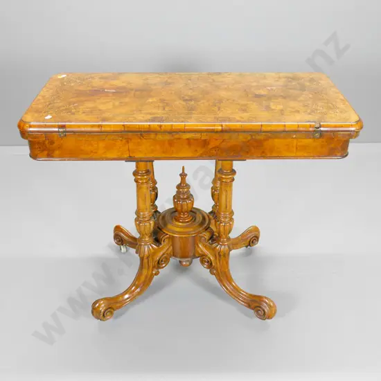 Victorian walnut games table w/ burr & marquetry top, column base - veneer loss & bubbling H740 L91 W440 closed0