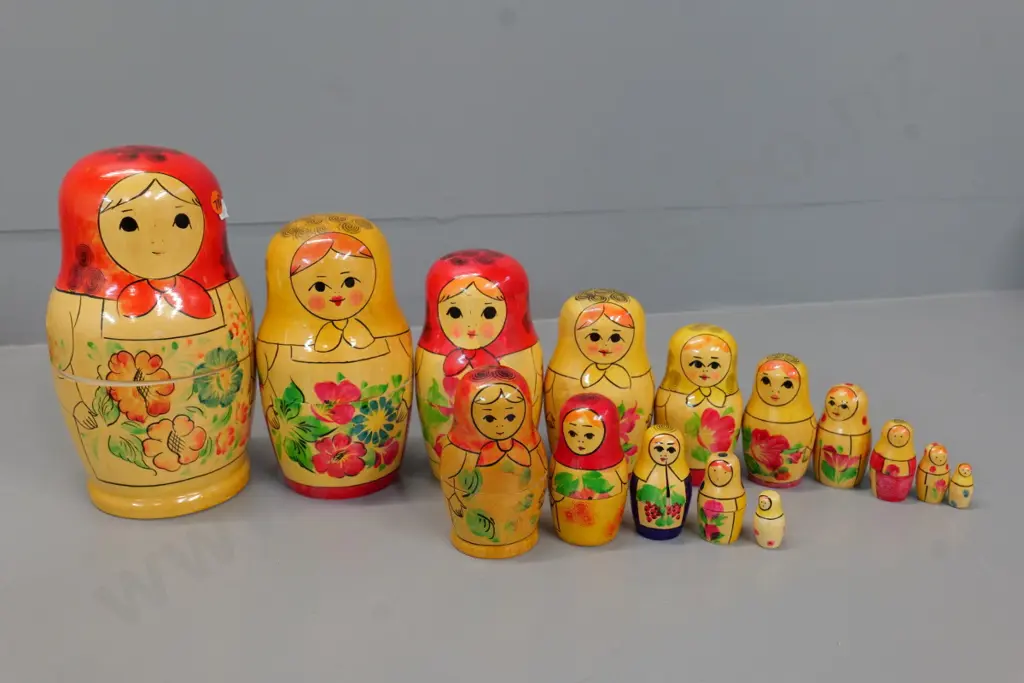 2 sets of hand painted wooden Babushka nesting dolls - 15 in total - largest is H-230 Image 1++