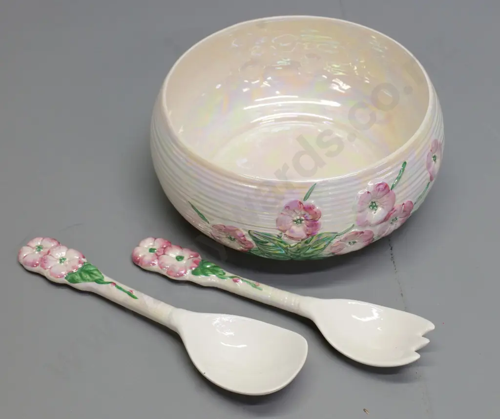 Maling lustre glaze floral salad bowl with servers - H-95 diameter 210 Image 1++