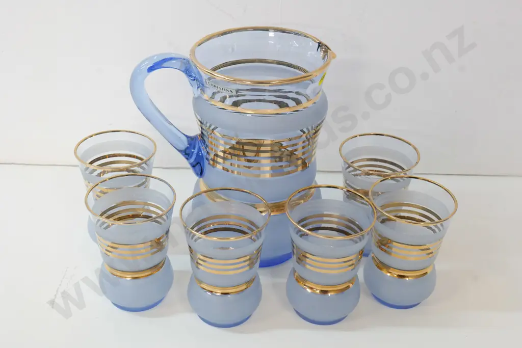 retro 7-piece water set - frosted blue with gilt bands - 'Christina' brand label Image 1++