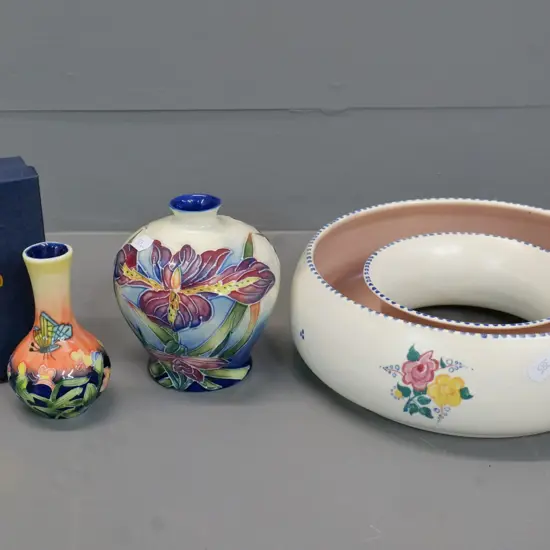 Poole hand-painted ring trough D-220 and 2 Westminster tube-lined vases, taller is H-120
