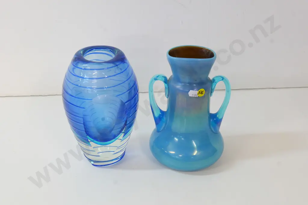 2 blue glass vases - heavy clear base and cut sides & a double-handled opaque - both approx H-210 Image 1++