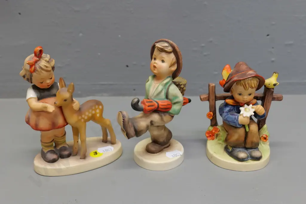 3 Goebels Hummel figurines - girl with faun H-130 boy with birds, walking boy Image 1++