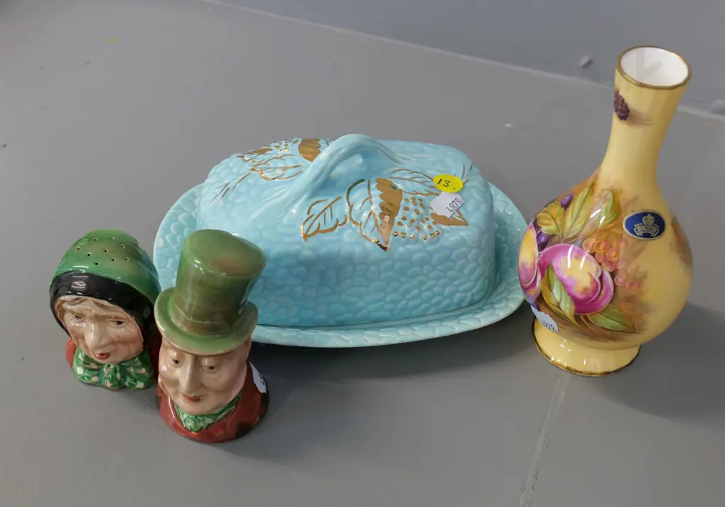 English china items - Aynsley Autumn Fruits vase H-160 Beswick figural salt & pepper and Wade butter cover dish Image 1++