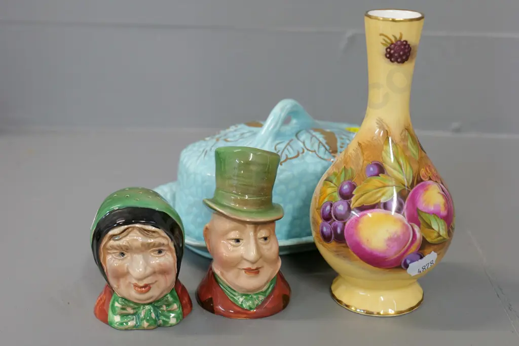 English china items - Aynsley Autumn Fruits vase H-160 Beswick figural salt & pepper and Wade butter cover dish Image 1++