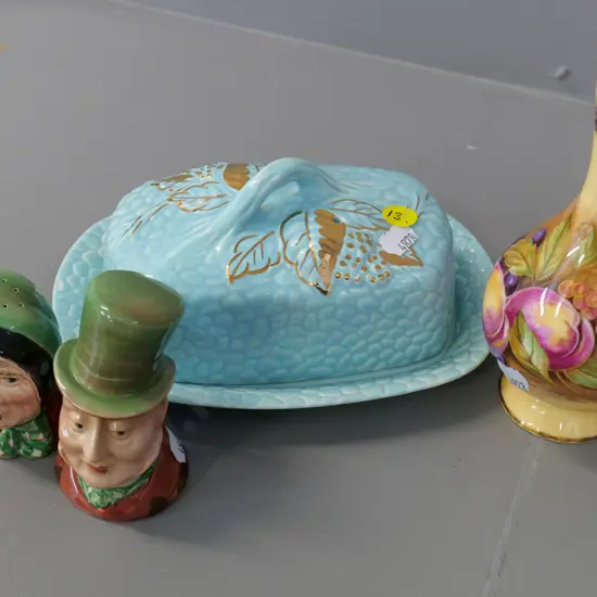 English china items - Aynsley Autumn Fruits vase H-160 Beswick figural salt & pepper and Wade butter cover dish