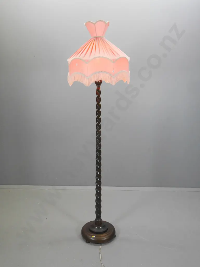 dark stained mahogany barley twist standard lamp with pink empire shade H-1990 Image 1++