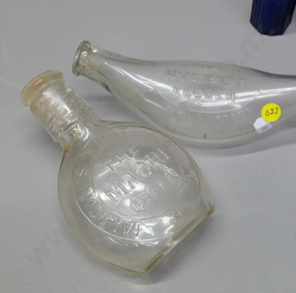 4 bottles - Martin's 'The Maori Queen' made in France (crack to mouth) 2 blue "Not To Be Taken" & English feeding bottle Image 1++