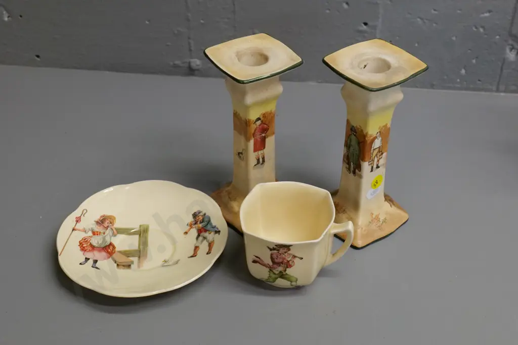 pair of Royal Doulton farm / hunting scenes candlesticks H-160 and a nursery rhyme cup & saucer Image 1++