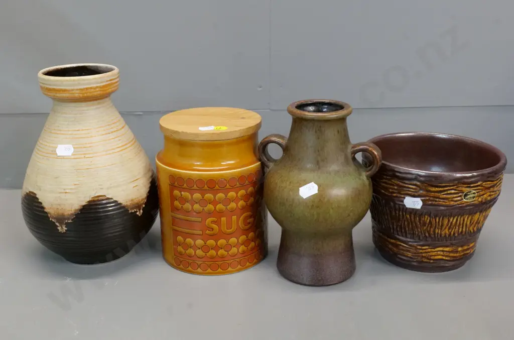 4 retro pottery items - Hornsea Saffron lidded storage jar, 2 German vases, German jardiniere - tallest is H-210 Image 1++