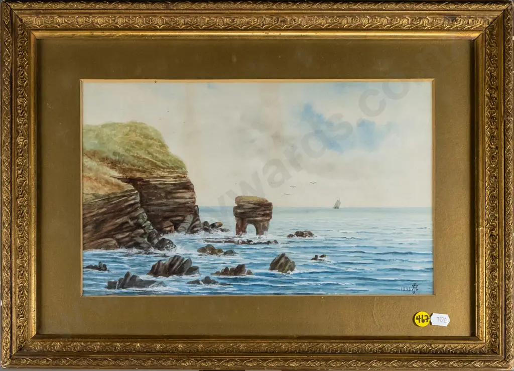 illegible signature 1893 - gilt framed watercolour - coastal scene H-195 W-320 Image 1++