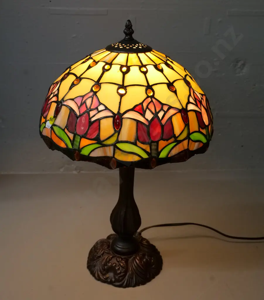 reproduction Tiffany style table lamp with composite base, floral motif glass shadeH-520 Image 1++