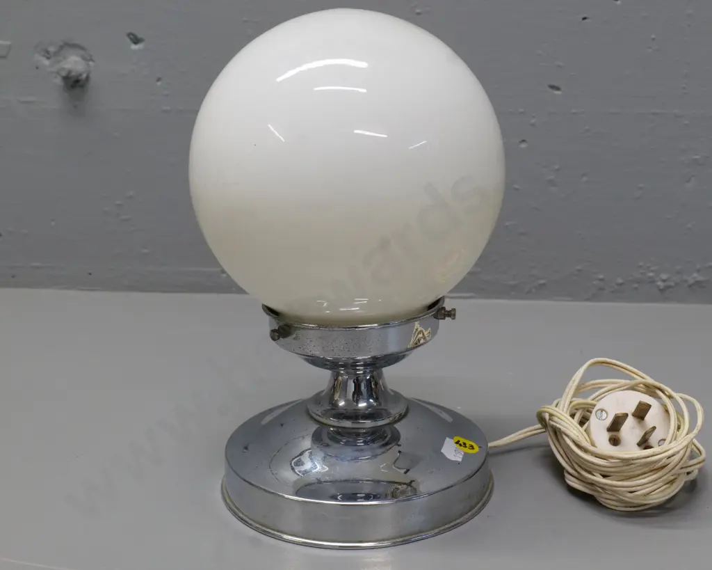 deco style chrome table lamp with milk glass globe shade H-250, globe is D-180 Image 1++
