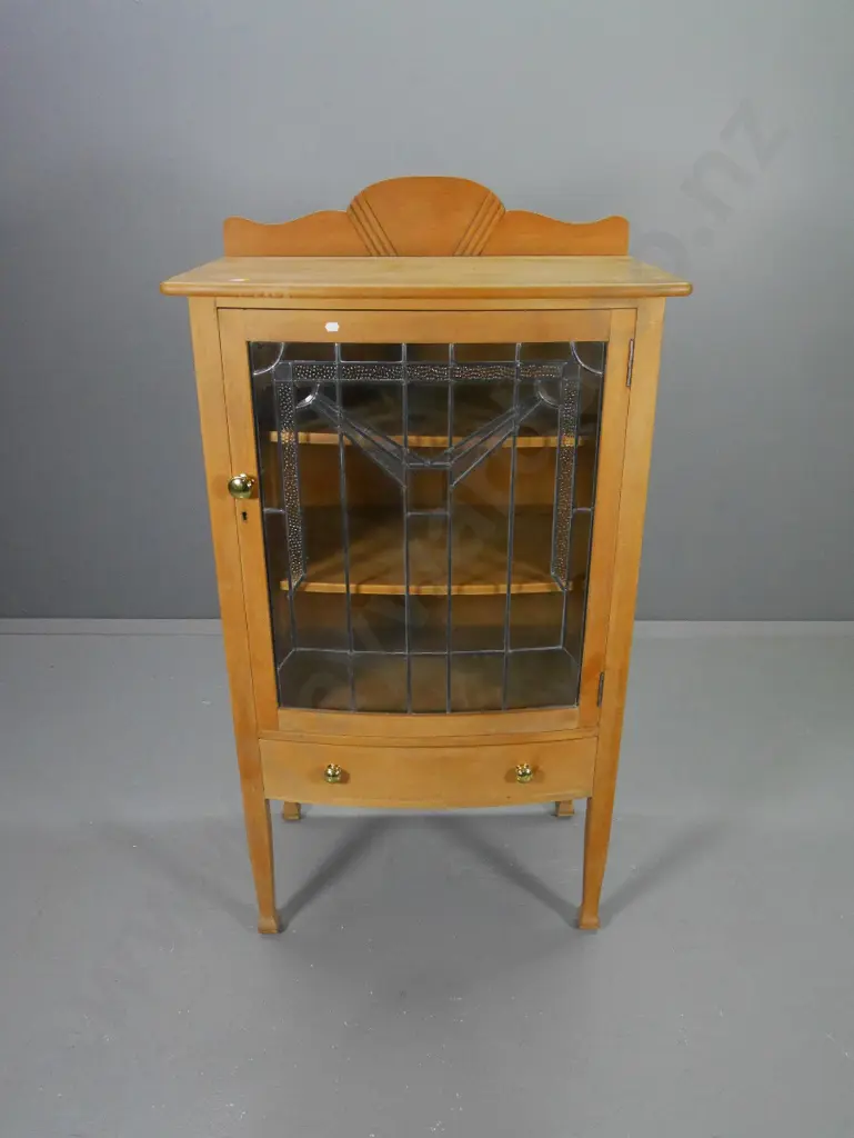 solid native timber deco bow front china cabinet w/ leadlight single door, 1 drawer, water stain on top H1360 W730 D460 Image 1++