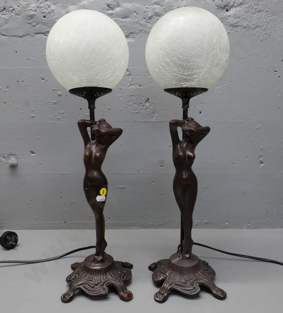 pair of reproduction metal figural table lamps with frosted crackle finish glass globe shades H-540 Image 1++