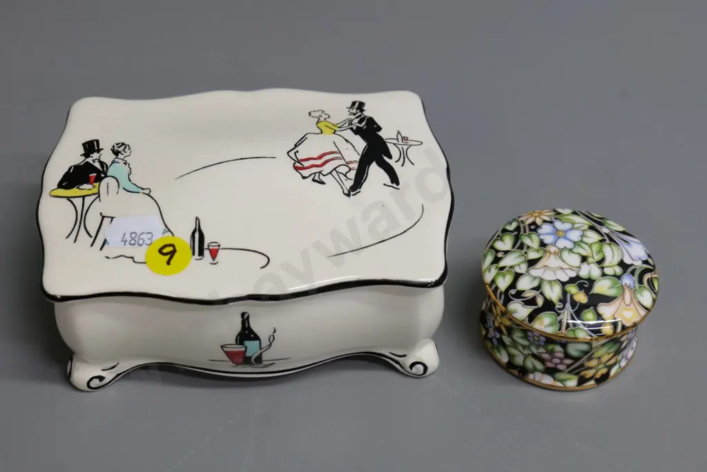 Royal Winton lidded container with dancing figures 100x140 & Royal Crown Derby round lidded trinket Image 1++