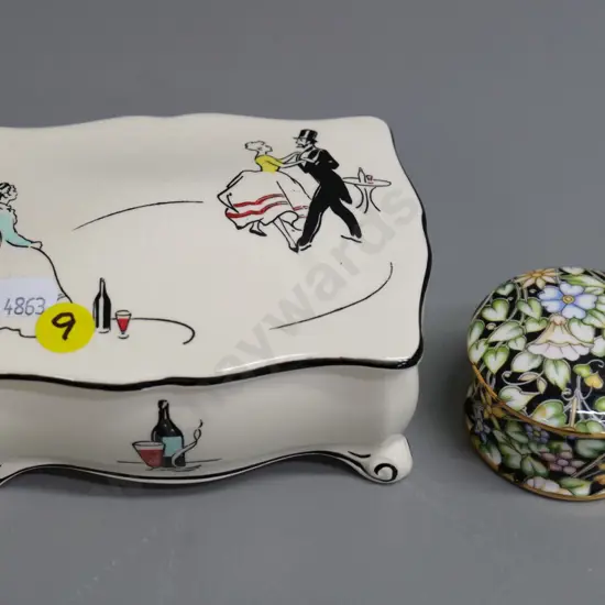 Royal Winton lidded container with dancing figures 100x140 & Royal Crown Derby round lidded trinket