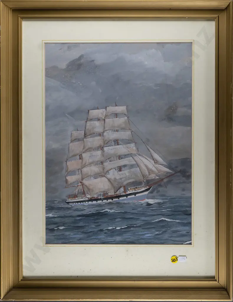 L Boulton 1949 - framed watercolour - sailing ship (slight age damage) H-390 W-290 Image 1++