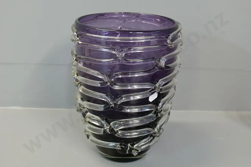 heavy art glass vase - purple and clear with raised ridge pattern H-240 Image 1++