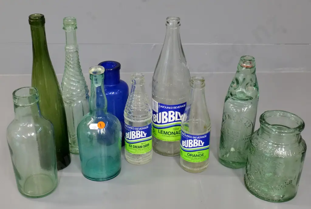 10 bottles, including Lane's clear marble, St George jam jar, 3 Lane-Thompson Bubbly soda, etc. Image 1++