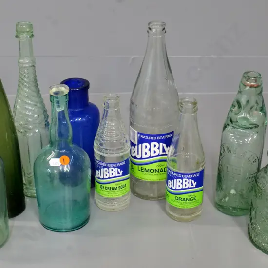 10 bottles, including Lane's clear marble, St George jam jar, 3 Lane-Thompson Bubbly soda, etc.