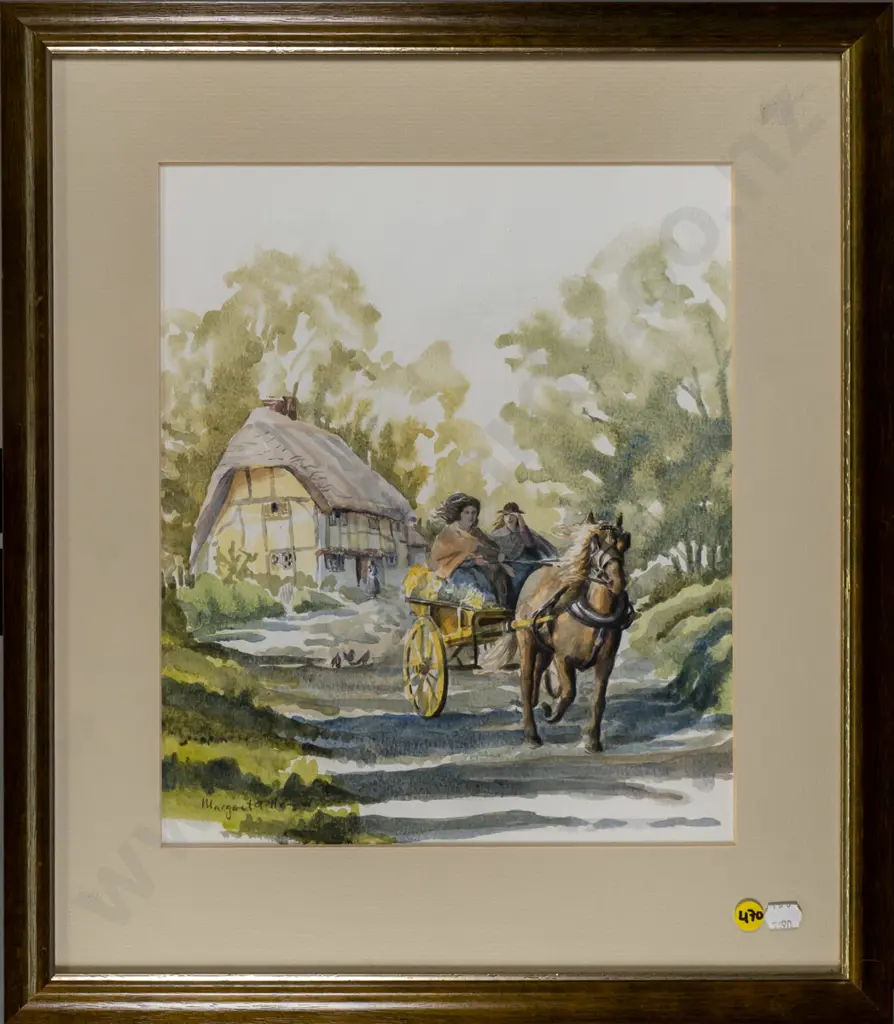 Margaret A Howard - framed watercolour - ladies in gig H-320 W-270 Image 1++