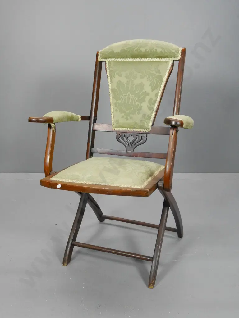vintage mahogany folding chair with fretted back panel, brocade upholstery, a bit of loose trim H940 W600 D460 Image 1++