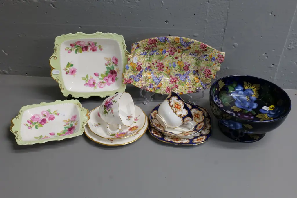 6 pieces of English china - Stanley Ware Jacobean footed bowl, Royal Winton AOF dish, Royal Albert trio & 2 plates, etc Image 1++