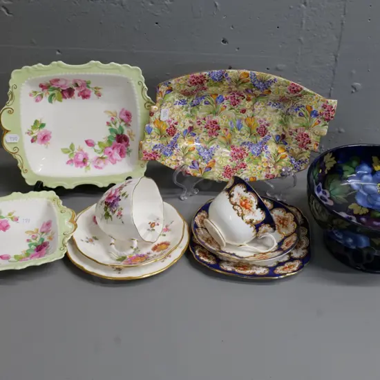 6 pieces of English china - Stanley Ware Jacobean footed bowl, Royal Winton AOF dish, Royal Albert trio & 2 plates, etc