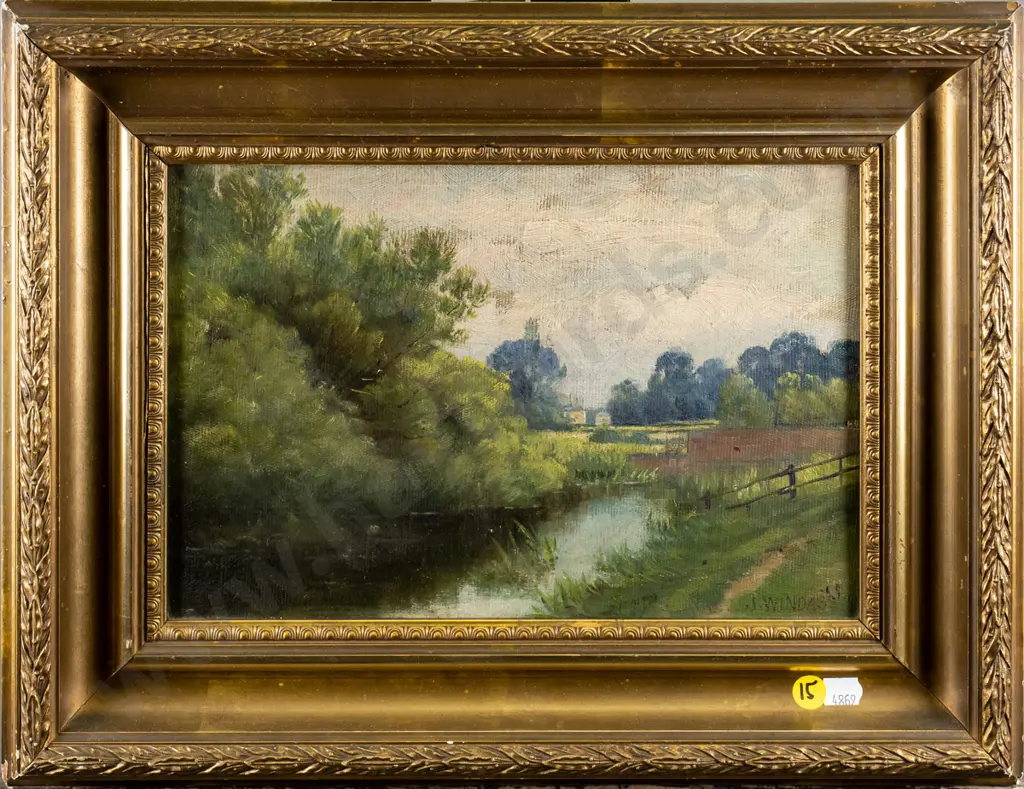 J Windass? - gilt framed oil on canvas - river and landscape scene H-190 W-280 Image 1++