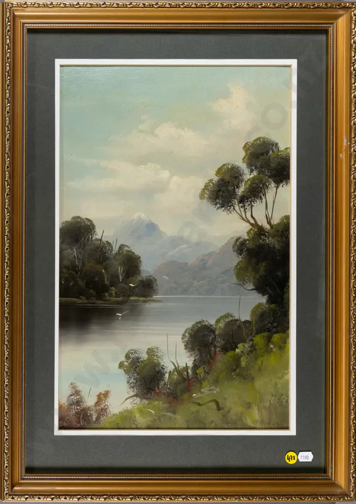 illegible signature (attributed to Henry Thomas Garratt) - framed oil - lake scene H-420 W-270 Image 1++