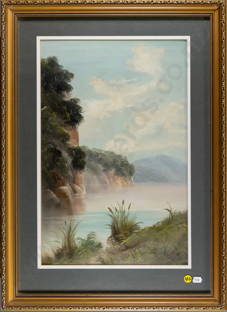 Illegible signature (attributed to Henry Thomas Garratt) - framed oil - lake scene H-420 W-270 Image 1++