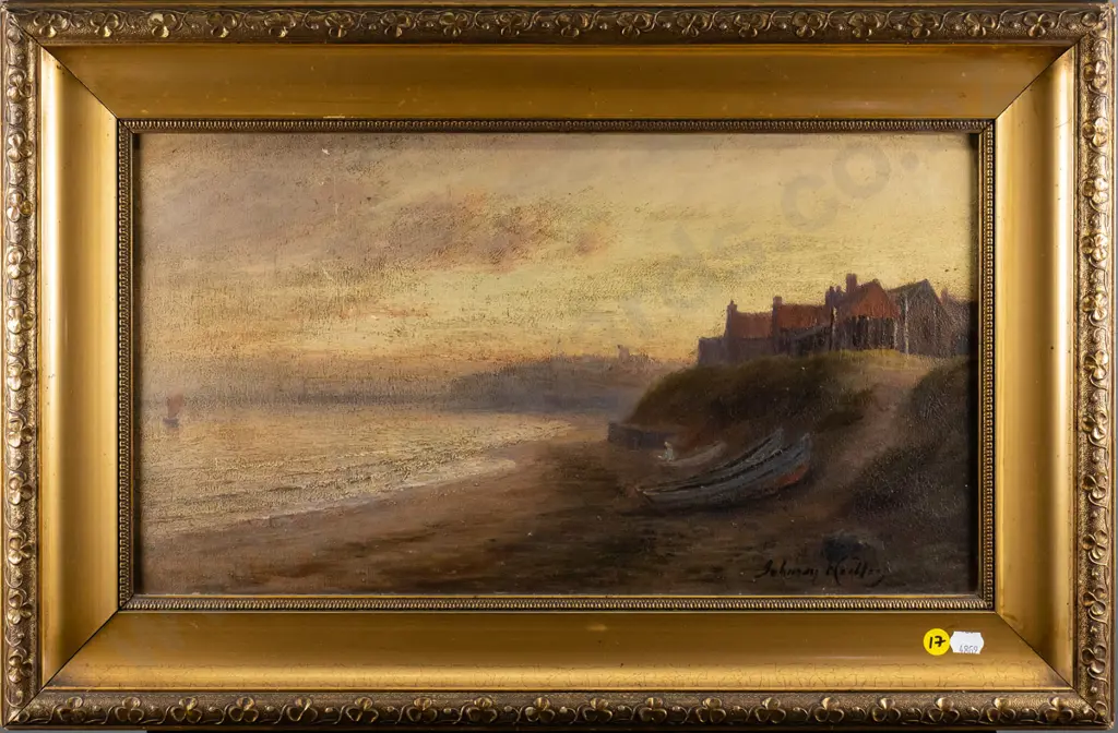 illegible signature - gilt framed oil on board - coastal scene (age damage) H-240 W-440 Image 1++