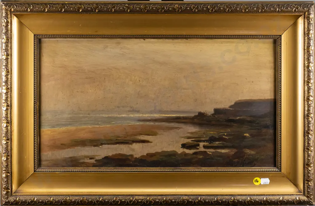J Healey - gilt framed oil on board - coastal scene (age damage) H-240 W-440 Image 1++