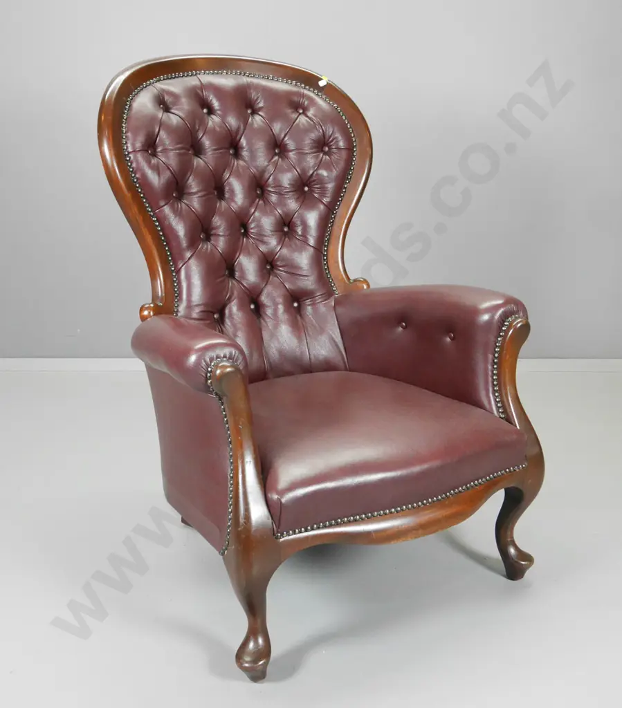 reproduction Victorian style armchair with deep-button studded burgundy leather H-1000 W-700 D-660 Image 1++