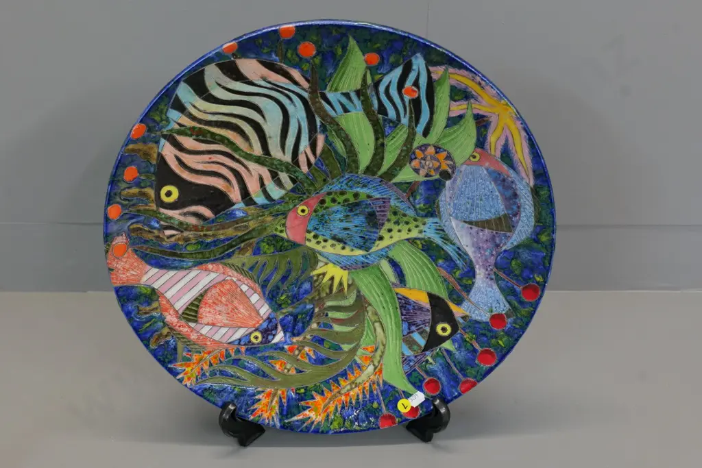 studio pottery multi-coloured fish theme bowl inscribed ZW '98 on base - diameter 420 Image 1++