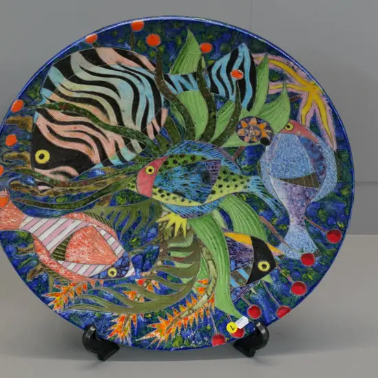studio pottery multi-coloured fish theme bowl inscribed ZW '98 on base - diameter 420
