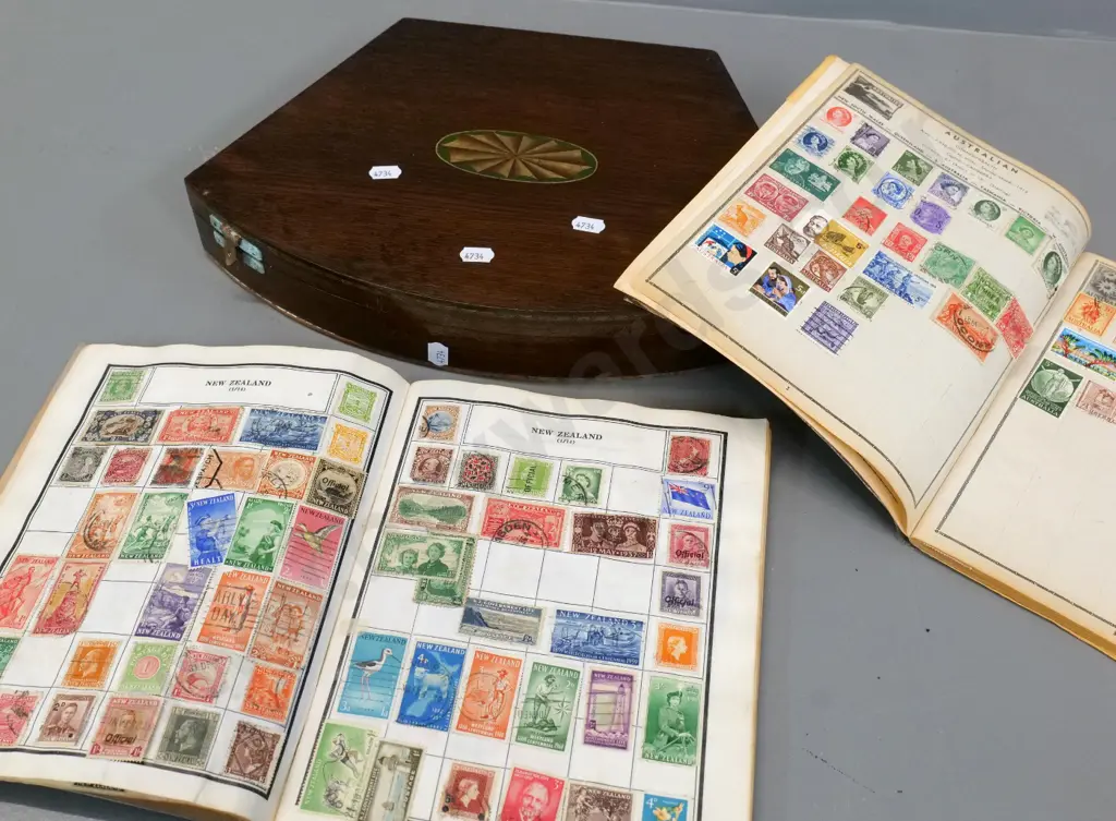 1956 Southland Centennial post office money box (bent) 2 stamp albums, badges, etc. w/ wooden cutlery case Image 1++