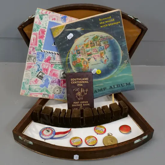 1956 Southland Centennial post office money box (bent) 2 stamp albums, badges, etc. w/ wooden cutlery case
