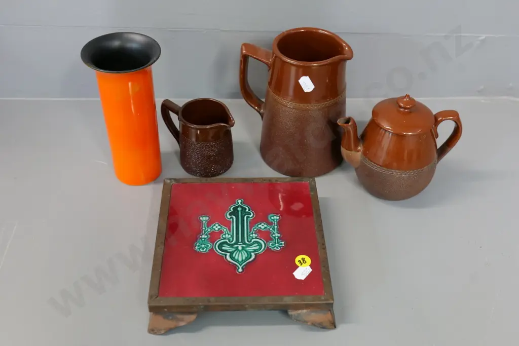 vintage tile trivet in copper stand, Crown Ducal vase, small brown teapot and 2 jugs Image 1++