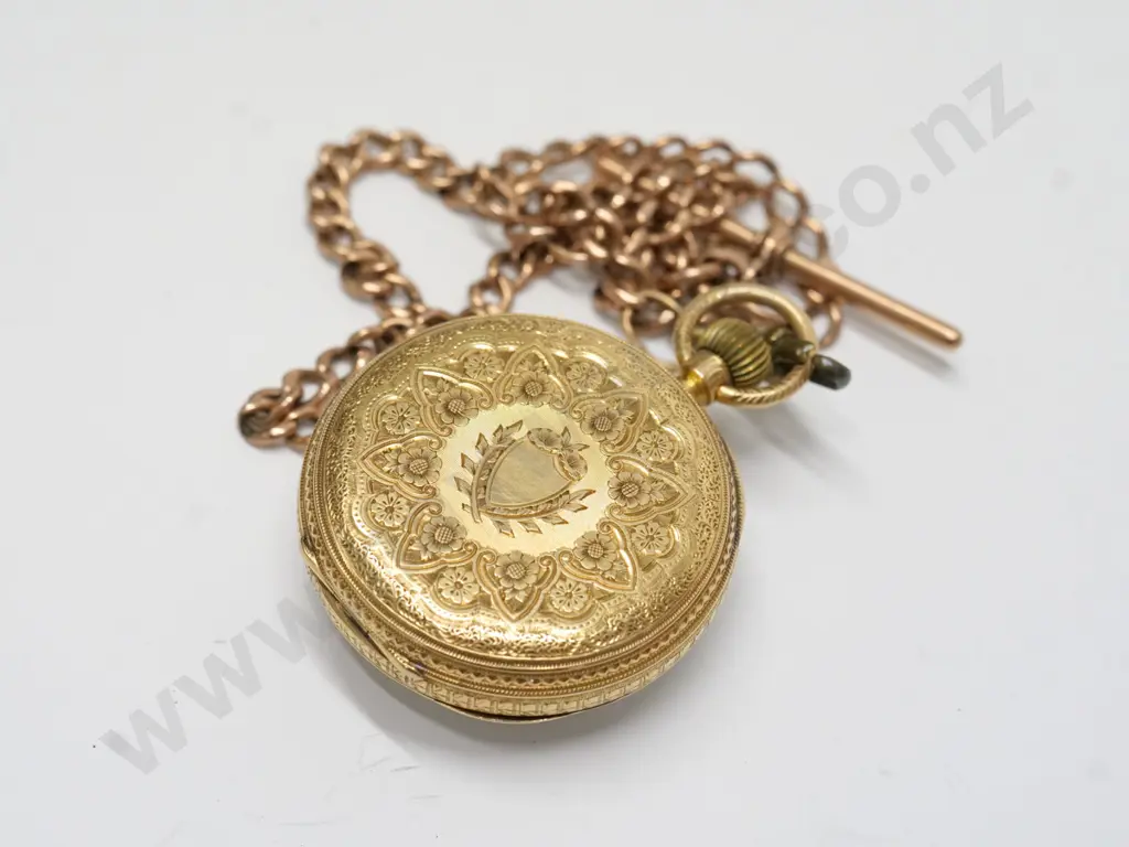 gold pocket watch & chain stamped J H & Co crown, M & 18 Image 1++