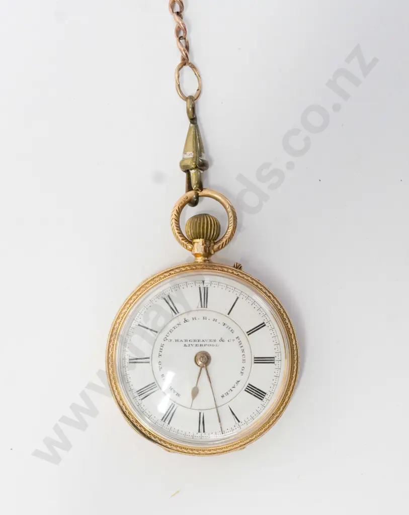 gold pocket watch & chain stamped J H & Co crown, M & 18 Image 1++