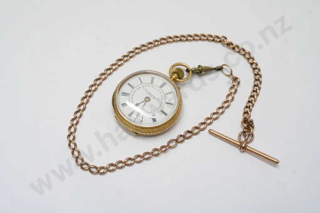 gold pocket watch & chain stamped J H & Co crown, M & 18 Image 1++